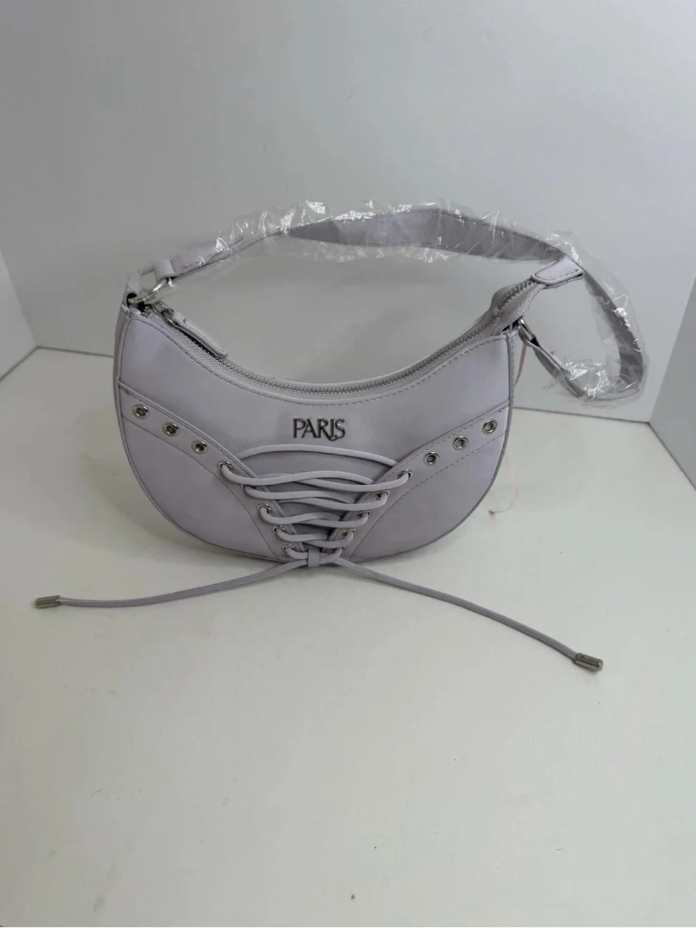 Paris Lilac Crescent Shoulder Bag Y2K Lace Up‎ Detail Baguette Purse Purple New